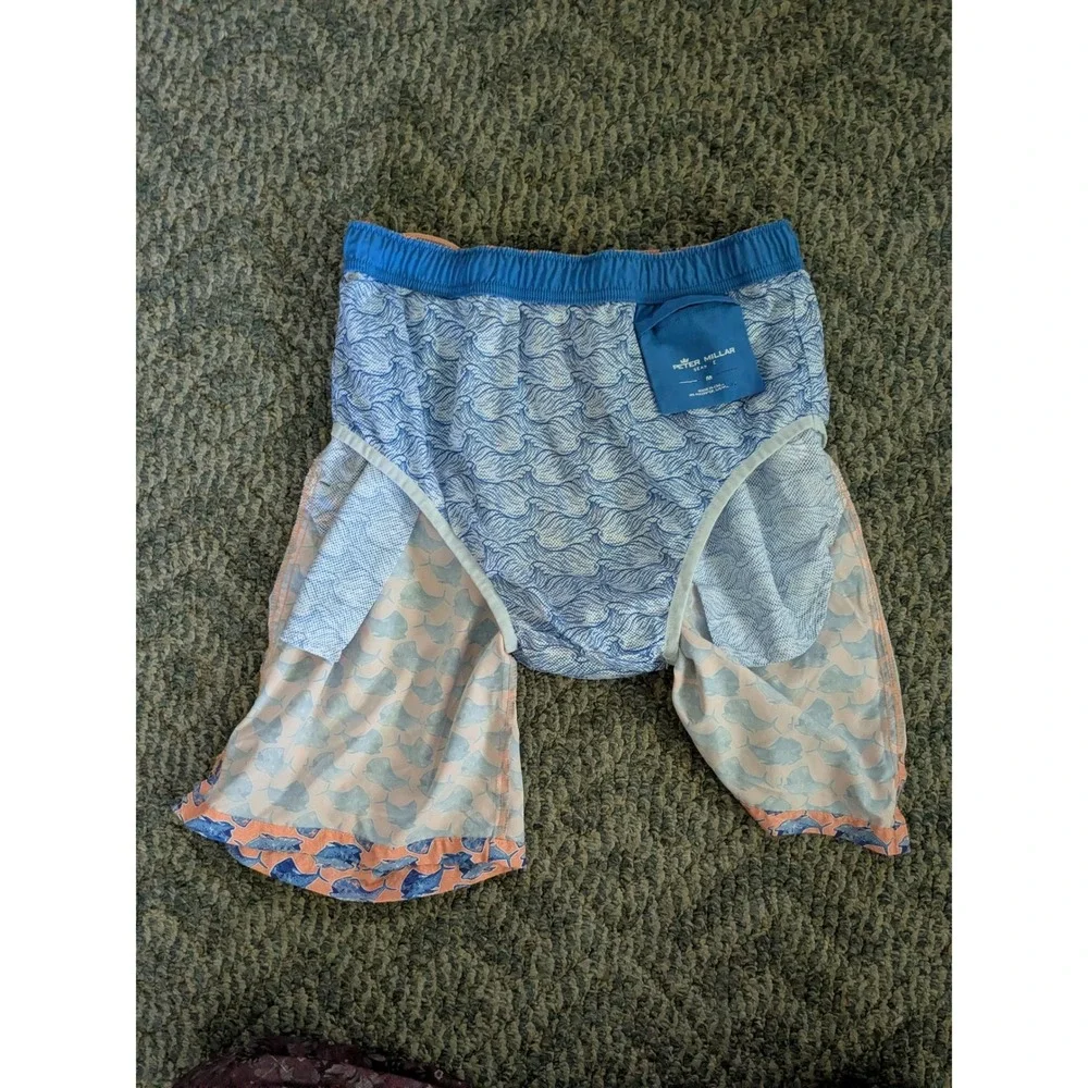 Peter Millar Seaside Mens Swim Trunks Peach Blue Mahi Mahi Fish Print Size M